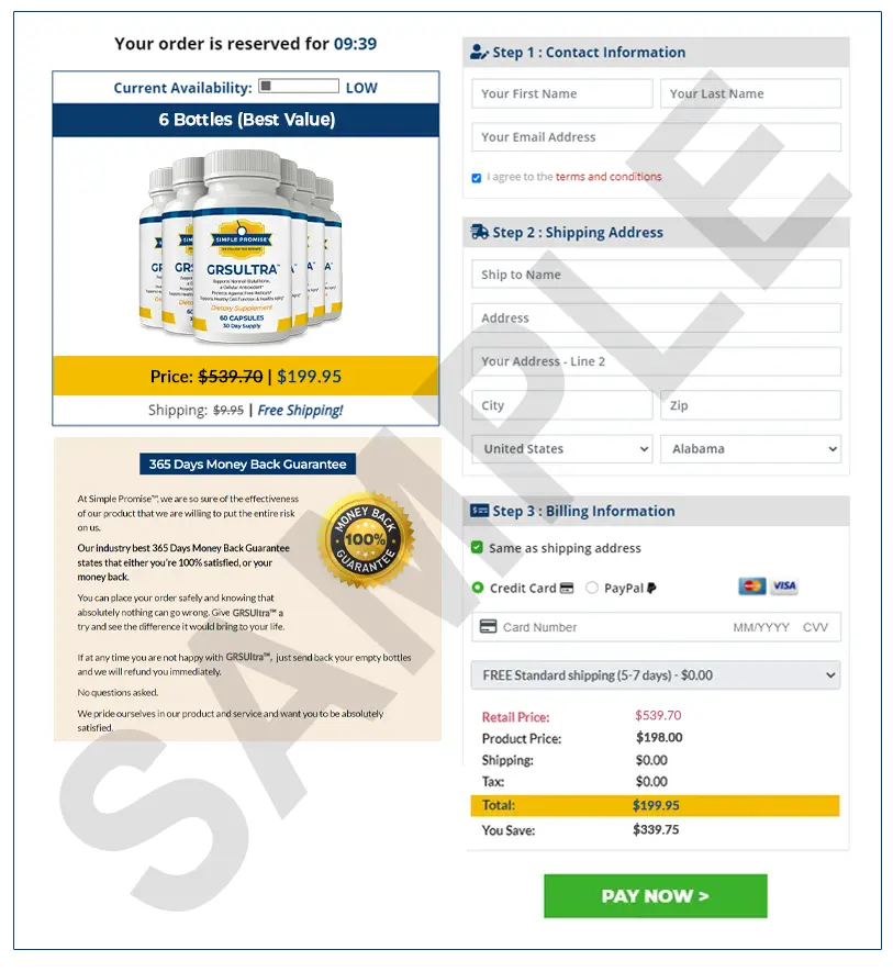 Screenshot of GRS Ultra official website secure checkout page